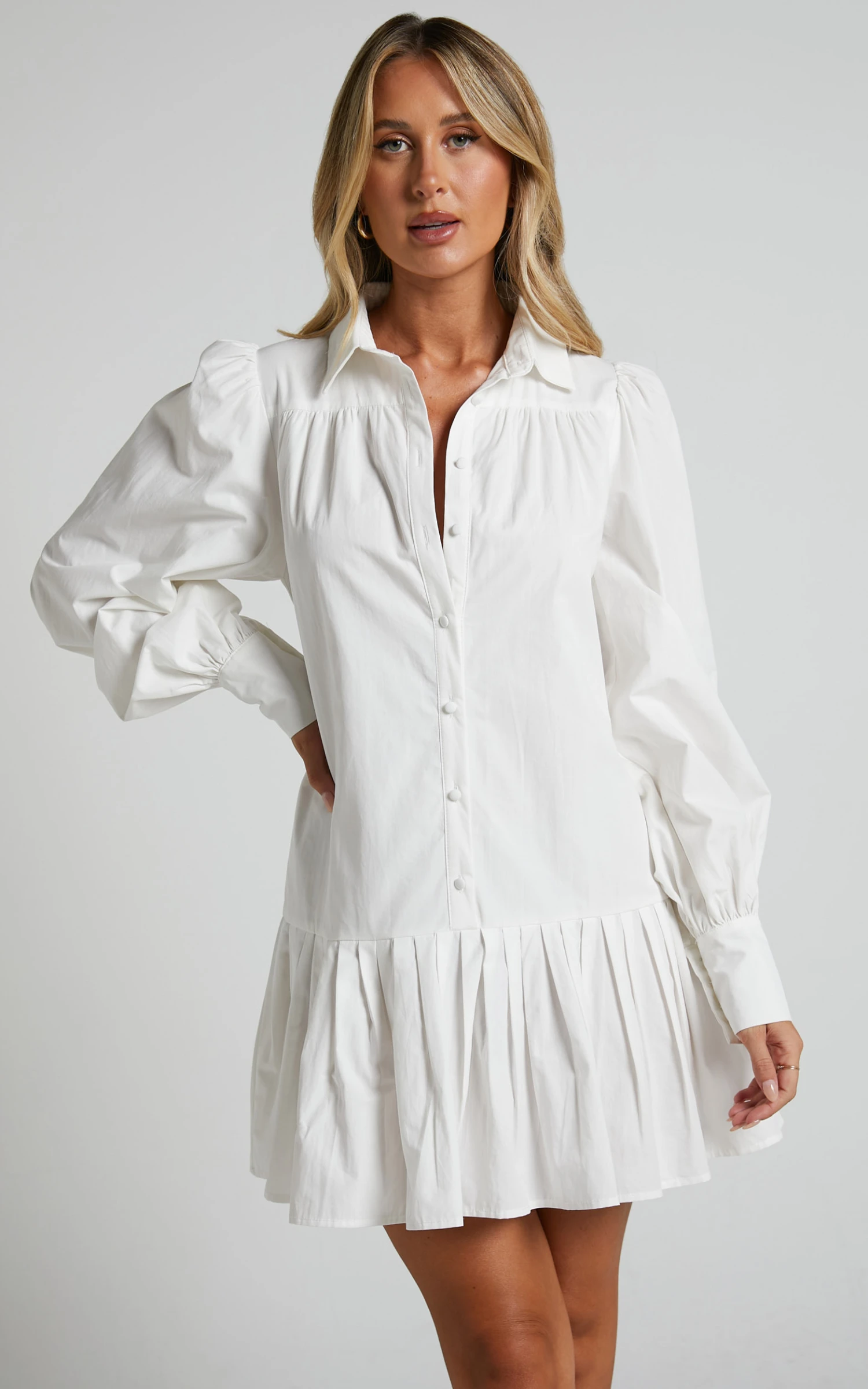 Showpo Brydie Blouson Sleeve Pleat Hem Shift Shirt Dress In White 2 Showpo Brydie Blouson Sleeve Pleat Hem Shift Shirt Dress In White - Image 2