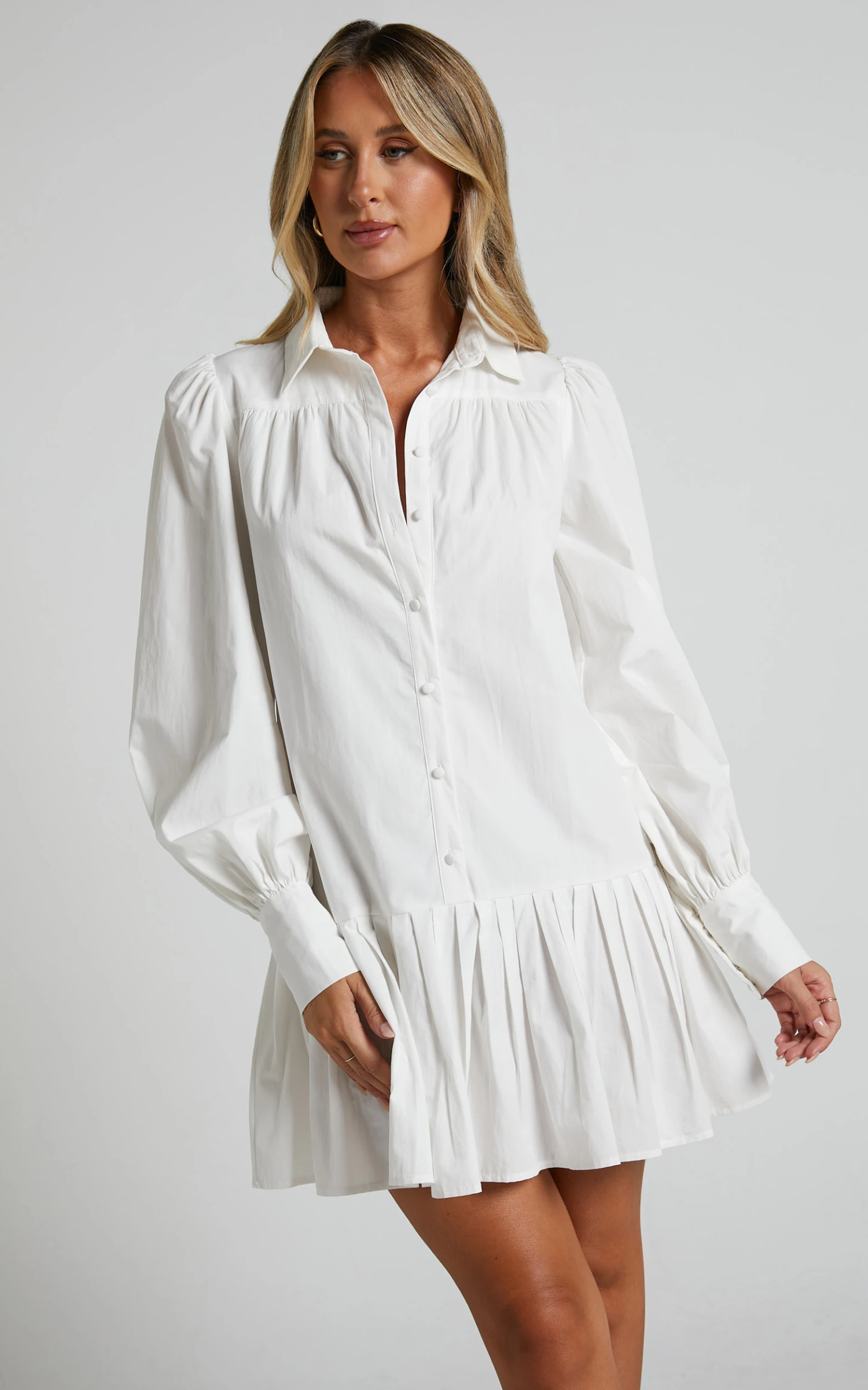 Showpo Brydie Blouson Sleeve Pleat Hem Shift Shirt Dress In White 5 Showpo Brydie Blouson Sleeve Pleat Hem Shift Shirt Dress In White - Image 5