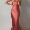 Showpo Charlita Strapless Cowl Back Satin Maxi Dress In Peach