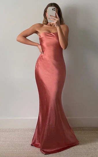 Showpo Charlita Strapless Cowl Back Satin Maxi Dress In Peach 1 Showpo Charlita Strapless Cowl Back Satin Maxi Dress In Peach