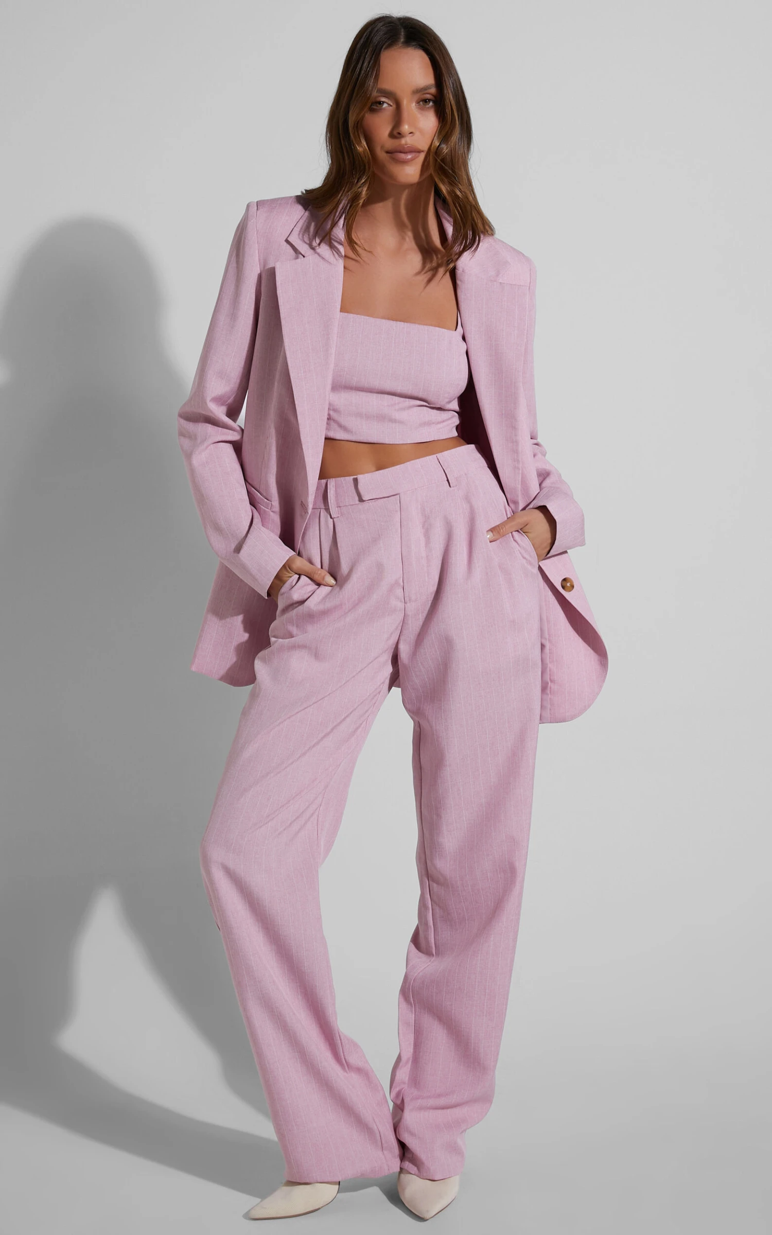 Showpo Marvilla Crop Top And Tailored Pants Set In Light Pink Pinstripe 2 Showpo Marvilla Crop Top And Tailored Pants Set In Light Pink Pinstripe - Image 2