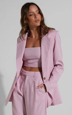 Showpo Marvilla Blazer - Single Breasted Shoulder Pad Blazer In Light Pink Pinstripe