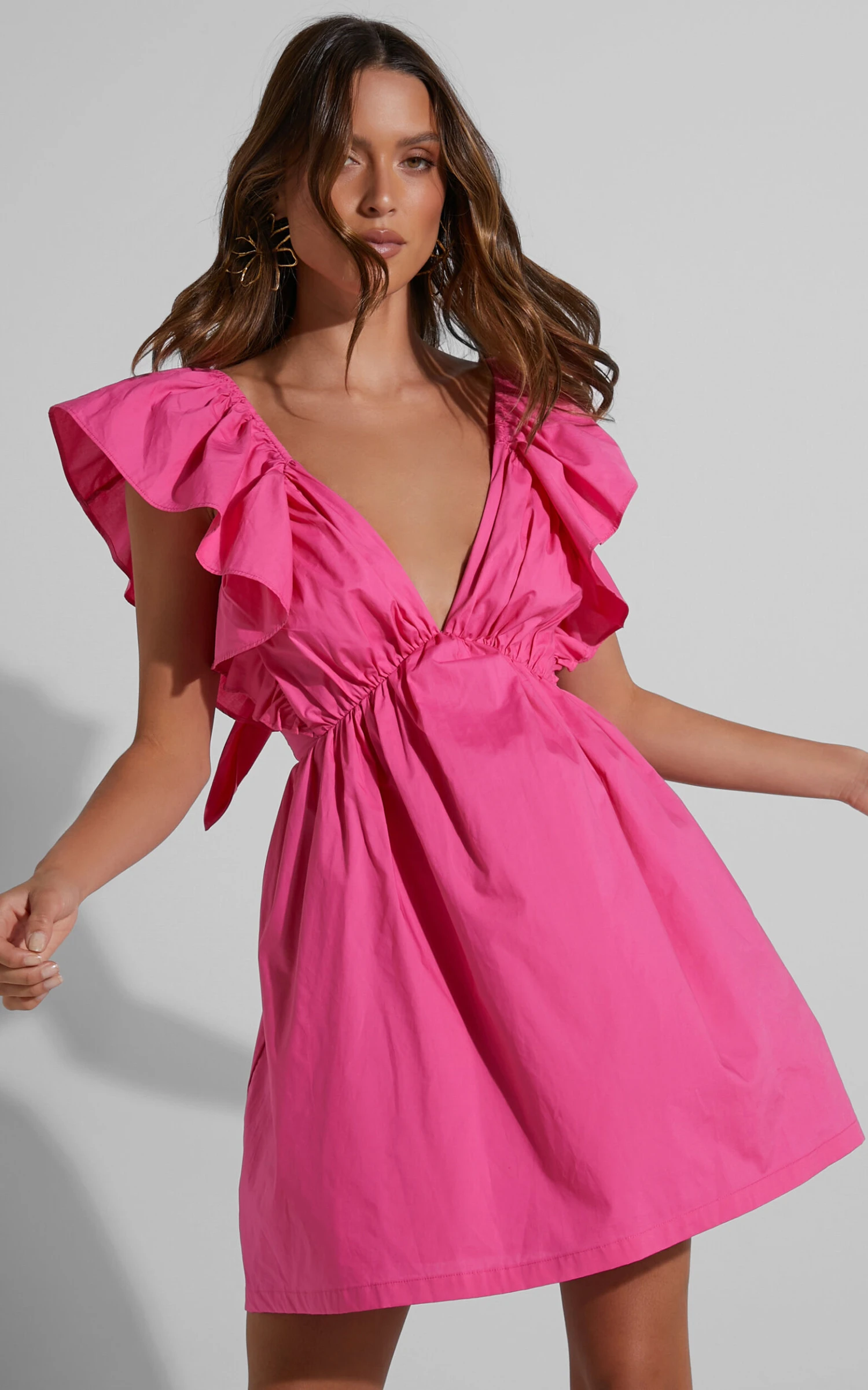 Showpo Raiza Mini Dress - Ruffle Sleeve Tie Back Plunge Dress In Fuchsia 2 Showpo Raiza Mini Dress - Ruffle Sleeve Tie Back Plunge Dress In Fuchsia - Image 2