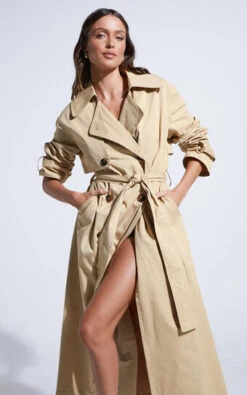 Showpo Avah Trench Coat - Double Breasted Tie Waist Coat In Camel