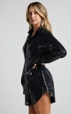 Showpo Cally Mini Dress - Oversized Shirt Dress In Black Sequin 15 Showpo Cally Mini Dress - Oversized Shirt Dress In Black Sequin -Showpo Women's Clothing Store Cally Mini Dress Oversized Shirt Dress in Black Sequin 4