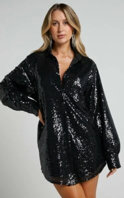 Showpo Cally Mini Dress - Oversized Shirt Dress In Black Sequin 11 Showpo Cally Mini Dress - Oversized Shirt Dress In Black Sequin -Showpo Women's Clothing Store Cally Mini Dress Oversized Shirt Dress in Black Sequin 6