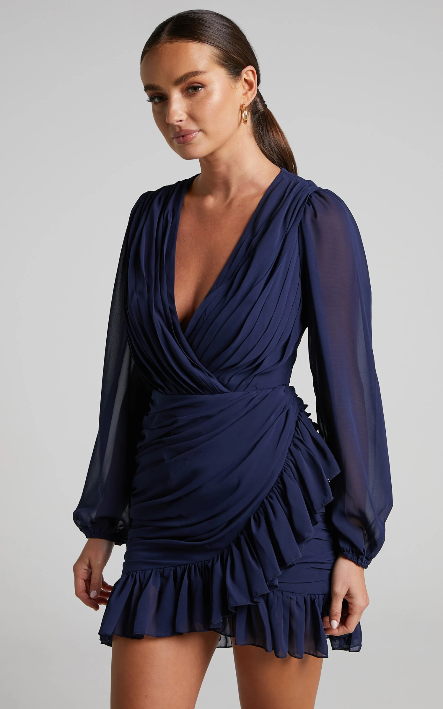 Showpo Can I Be Your Honey Plunge Balloon Sleeve Mini Dress In Navy - Image 5