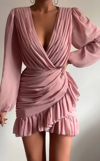 Showpo Can I Be Your Honey Plunge Balloon Sleeve Mini Dress In Dusty Pink 1 Showpo Can I Be Your Honey Plunge Balloon Sleeve Mini Dress In Dusty Pink