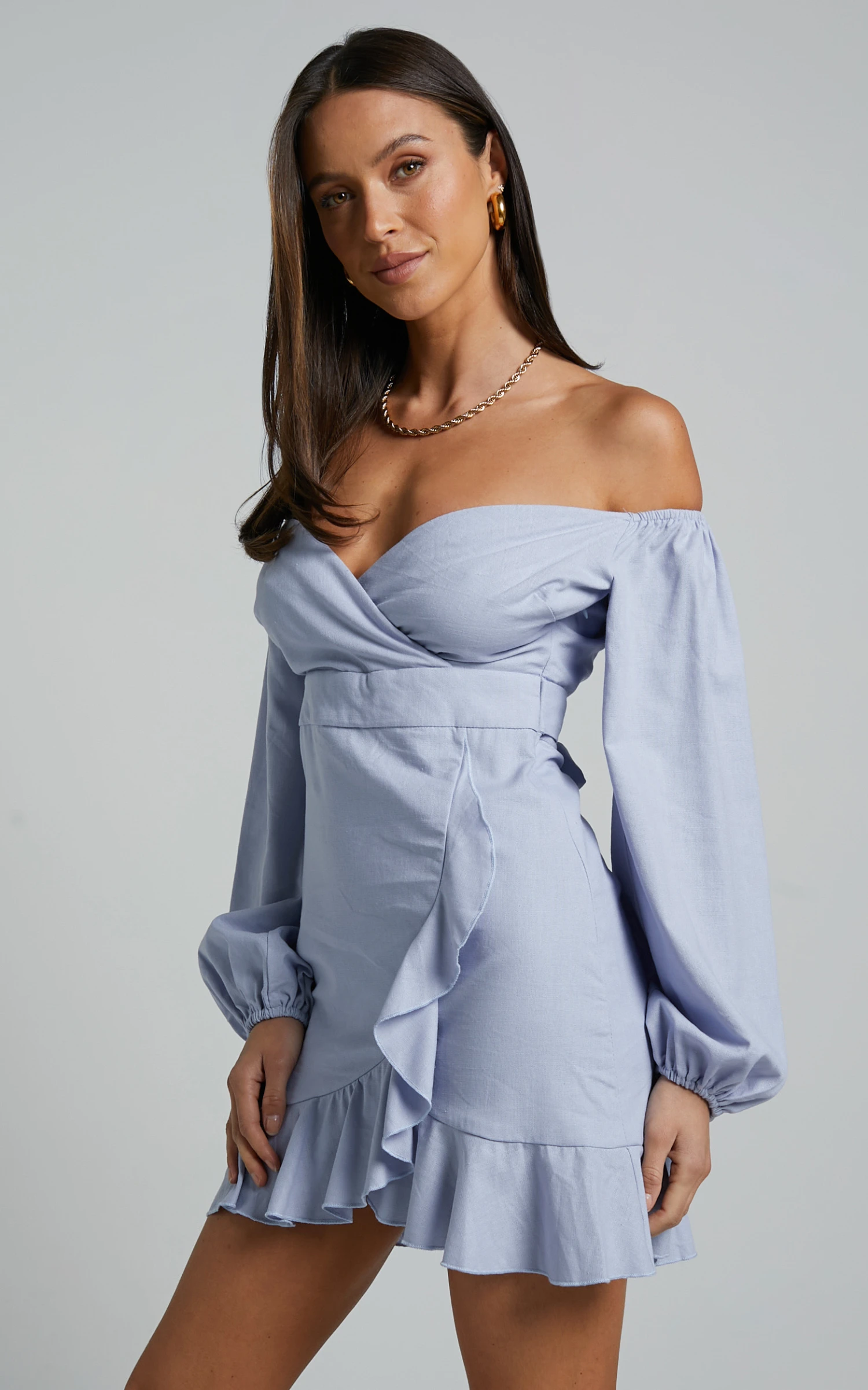 Showpo Cant Move On Off Shoulder Mini Dress In Powder Blue Linen Look 2 Showpo Cant Move On Off Shoulder Mini Dress In Powder Blue Linen Look - Image 2
