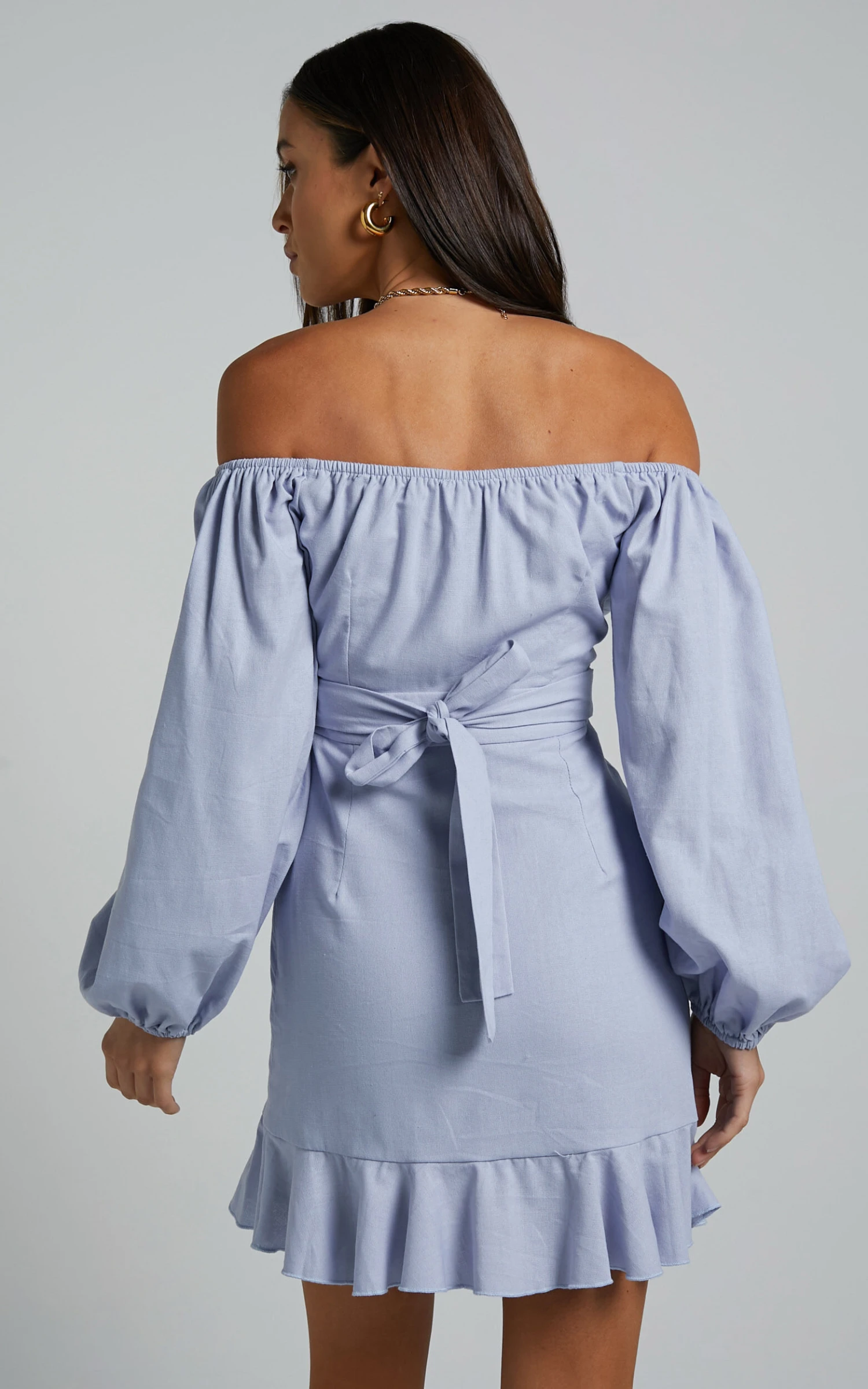 Showpo Cant Move On Off Shoulder Mini Dress In Powder Blue Linen Look 7 Showpo Cant Move On Off Shoulder Mini Dress In Powder Blue Linen Look - Image 7