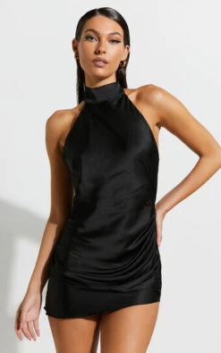 Showpo Kristelle Low Back Halter Mini Dress In Black