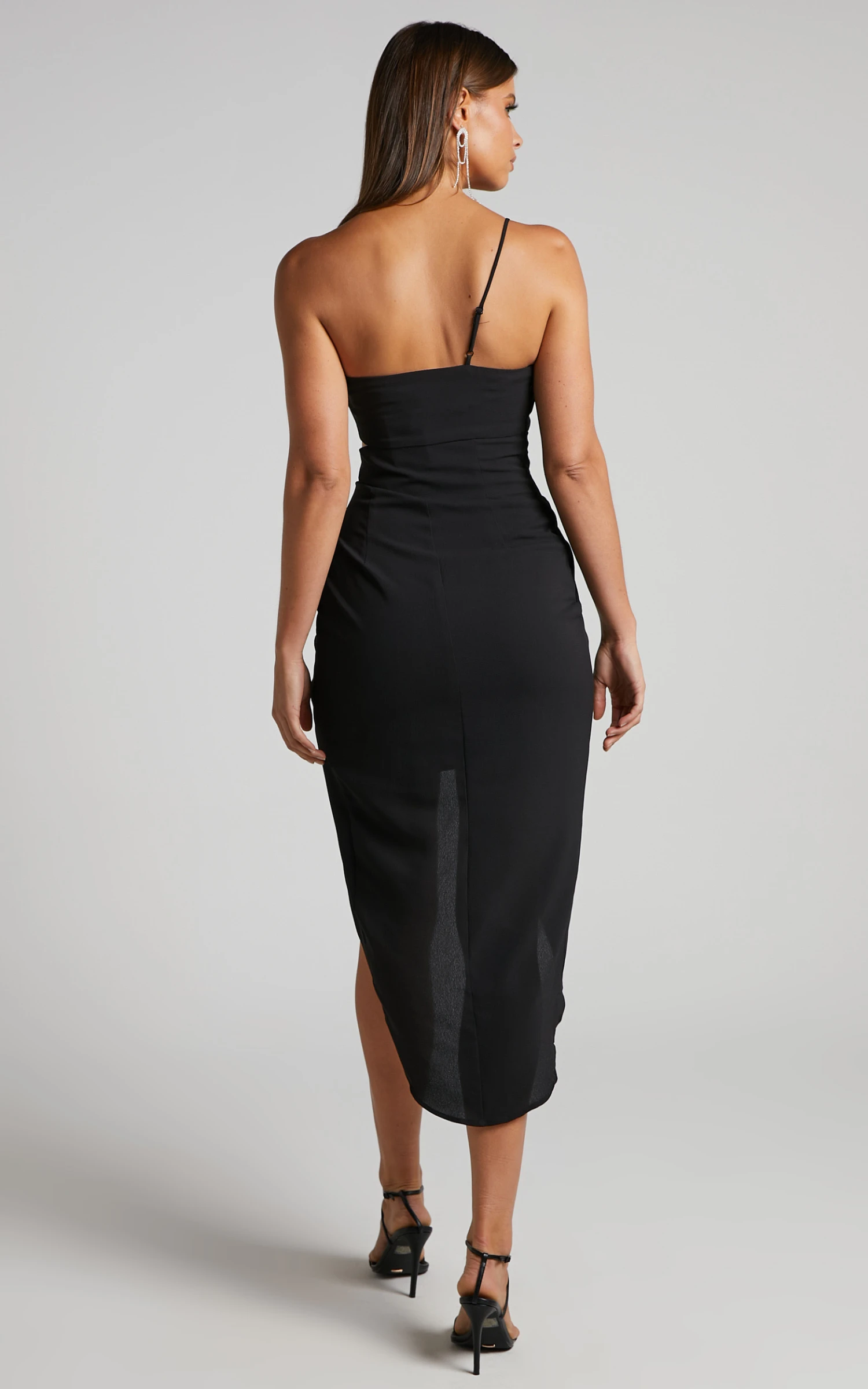 Showpo Carrie Midi Dress - Asymmetric Side Cut Out One Shoulder Dress In Black 6 Showpo Carrie Midi Dress - Asymmetric Side Cut Out One Shoulder Dress In Black - Image 6