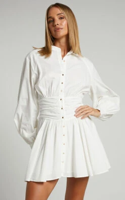 Showpo Cazie Mini Dress - Long Sleeve Gathered Waist Button Down Shirt Dress In White