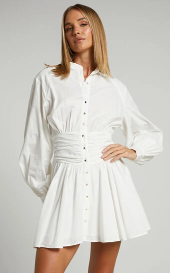 Showpo Cazie Mini Dress - Long Sleeve Gathered Waist Button Down Shirt Dress In White 1 Showpo Cazie Mini Dress - Long Sleeve Gathered Waist Button Down Shirt Dress In White