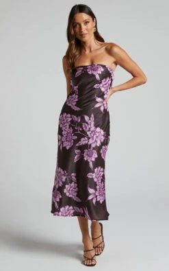 Showpo Charlita Midi Dress - Strapless Cowl Back Dress In Purple Floral