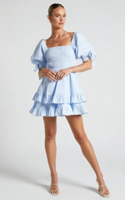 Showpo Chelle Shirred Short Tie Sleeve Mini Dress In Ice Blue -Showpo Women's Clothing Store Chelle Shirred Short Tie Sleeve Mini Dress in Ice Blue