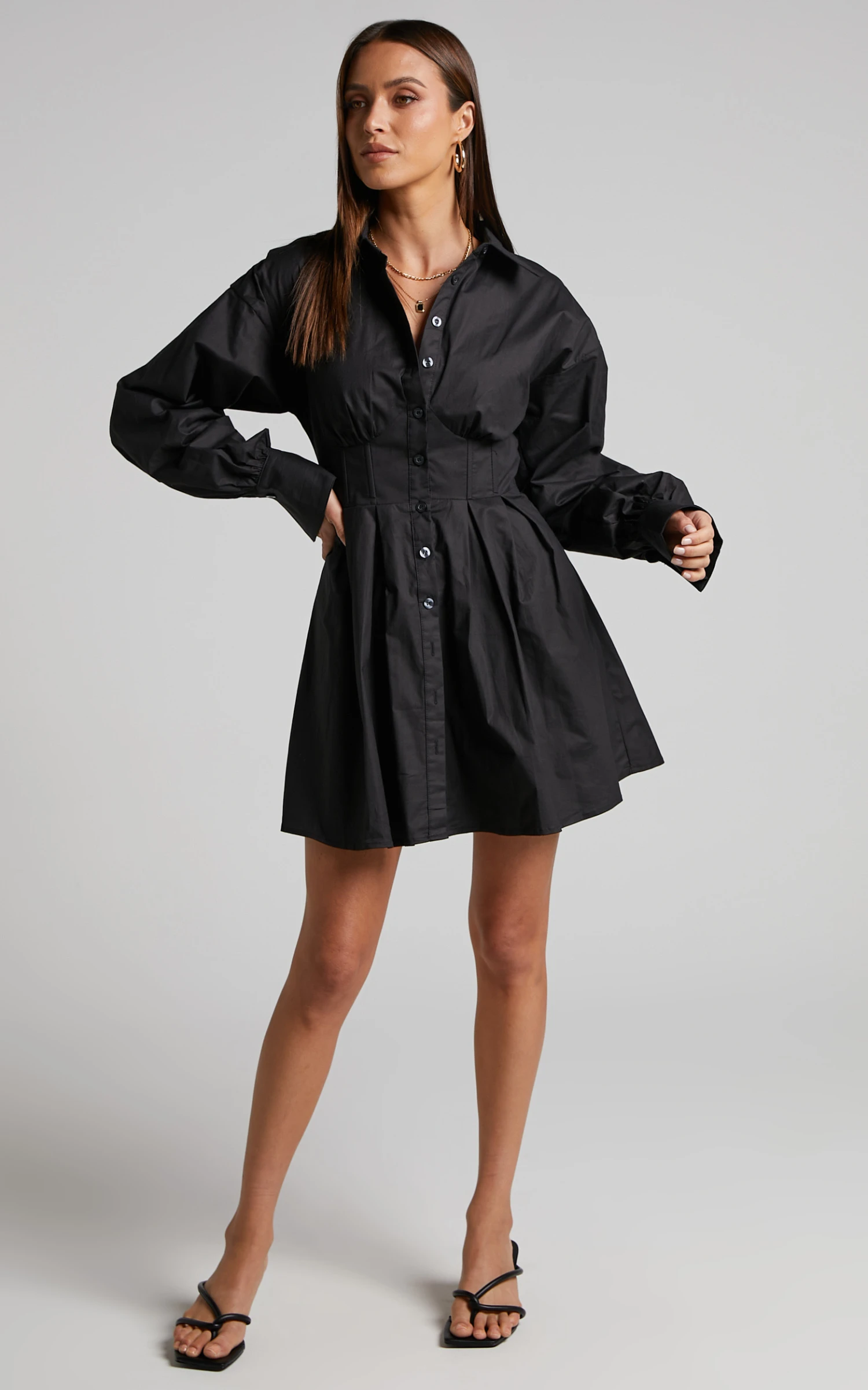 Showpo Claudette Mini Dress - Long Sleeve Corset Shirt Dress In Black - Image 2