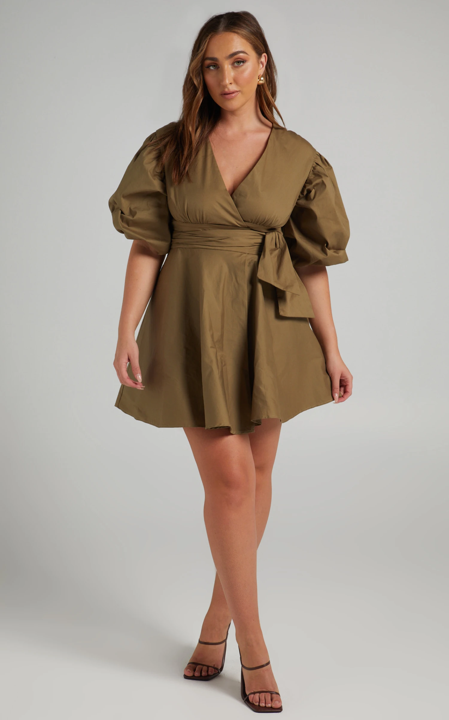 Showpo Zyla Puff Sleeve Wrap Mini Dress In Olive 4 Showpo Zyla Puff Sleeve Wrap Mini Dress In Olive - Image 4