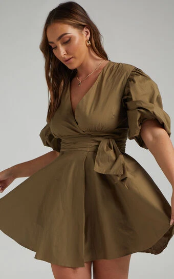 Showpo Zyla Puff Sleeve Wrap Mini Dress In Olive 1 Showpo Zyla Puff Sleeve Wrap Mini Dress In Olive
