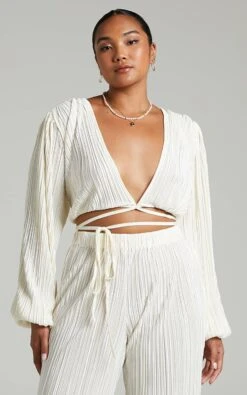 Showpo Crystal Plisse Cross Front Top In Cream -Showpo Women's Clothing Store Crystal Plisse Cross Front Top in Cream 2528ST21120022022529 3