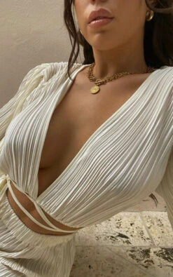 Showpo Crystal Plisse Cross Front Top In Cream