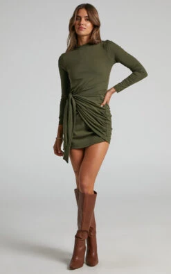 Showpo Marleen Wrap Front Long Sleeve Bodycon Mini Dress In Khaki 8 Showpo Marleen Wrap Front Long Sleeve Bodycon Mini Dress In Khaki -Showpo Women's Clothing Store DEV Marleen Wrap Front Bodycon Mini Dress in Khaki 2528SD22040136022529