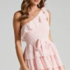 Showpo Darling I Am A Daydream One Shoulder Ruffle Mini Dress In Blush