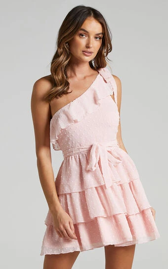 Showpo Darling I Am A Daydream One Shoulder Ruffle Mini Dress In Blush 1 Showpo Darling I Am A Daydream One Shoulder Ruffle Mini Dress In Blush
