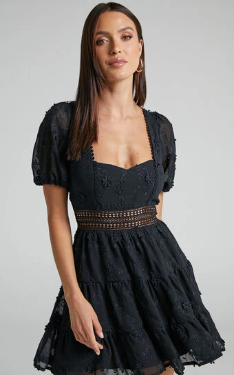 Showpo Deiene Lace Trim Broderie Tiered Mini Dress In Black 1 Showpo Deiene Lace Trim Broderie Tiered Mini Dress In Black