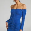 Showpo Deion Ruched Long Sleeve Off Shoulder Mini Dress In Cobalt