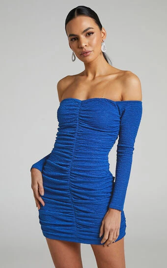 Showpo Deion Ruched Long Sleeve Off Shoulder Mini Dress In Cobalt 1 Showpo Deion Ruched Long Sleeve Off Shoulder Mini Dress In Cobalt