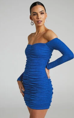 Showpo Deion Ruched Long Sleeve Off Shoulder Mini Dress In Cobalt 9 Showpo Deion Ruched Long Sleeve Off Shoulder Mini Dress In Cobalt -Showpo Women's Clothing Store Deion Off Shoulder Dress in Cobalt 2528SD22060061012529 2