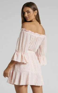 Showpo Delamaer Off Shoulder Polka Dot Mini Dress In Pink -Showpo Women's Clothing Store Delamaer Off Shoulder 3 4 Sleeve Mini Dress in Pink 2528SD22030078012529 2