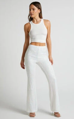 Showpo Deliza Mid Waisted Sequin Flare Pants In Iridescent White