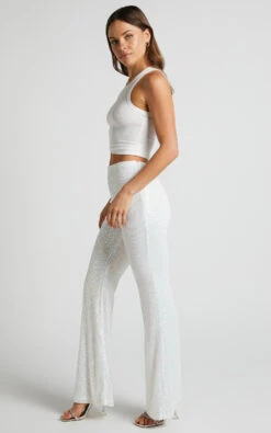 Showpo Deliza Mid Waisted Sequin Flare Pants In Iridescent White -Showpo Women's Clothing Store Deliza Mid Waisted Sequin Flare Pants in Iridescent White 5