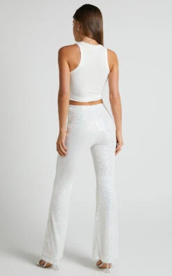 Showpo Deliza Mid Waisted Sequin Flare Pants In Iridescent White -Showpo Women's Clothing Store Deliza Mid Waisted Sequin Flare Pants in Iridescent White 6