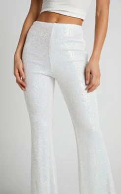 Showpo Deliza Mid Waisted Sequin Flare Pants In Iridescent White -Showpo Women's Clothing Store Deliza Mid Waisted Sequin Flare Pants in Iridescent White 7