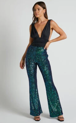 Showpo Deliza Mid Waisted Sequin Flare Pants In Mermaid Teal -Showpo Women's Clothing Store Deliza Mid Waisted Sequin Flare Pants in Mermaid Teal 1