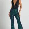 Showpo Deliza Mid Waisted Sequin Flare Pants In Mermaid Teal