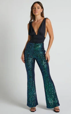 Showpo Deliza Mid Waisted Sequin Flare Pants In Mermaid Teal