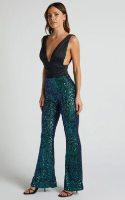 Showpo Deliza Mid Waisted Sequin Flare Pants In Mermaid Teal -Showpo Women's Clothing Store Deliza Mid Waisted Sequin Flare Pants in Mermaid Teal 4
