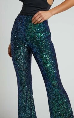 Showpo Deliza Mid Waisted Sequin Flare Pants In Mermaid Teal -Showpo Women's Clothing Store Deliza Mid Waisted Sequin Flare Pants in Mermaid Teal 5