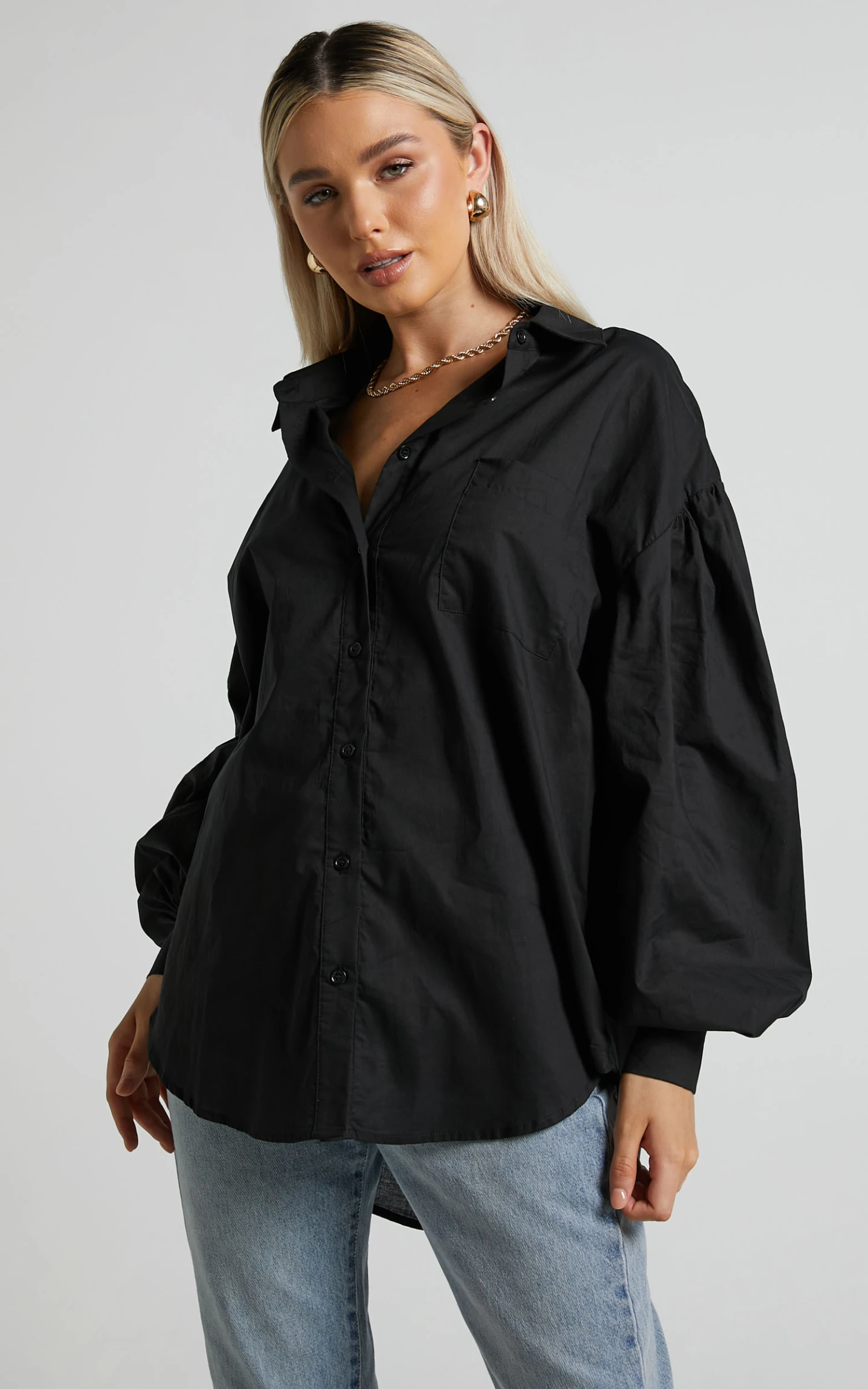 Showpo Delly Relaxed Balloon Sleeve Button Up Blouse In Black 4 Showpo Delly Relaxed Balloon Sleeve Button Up Blouse In Black - Image 4