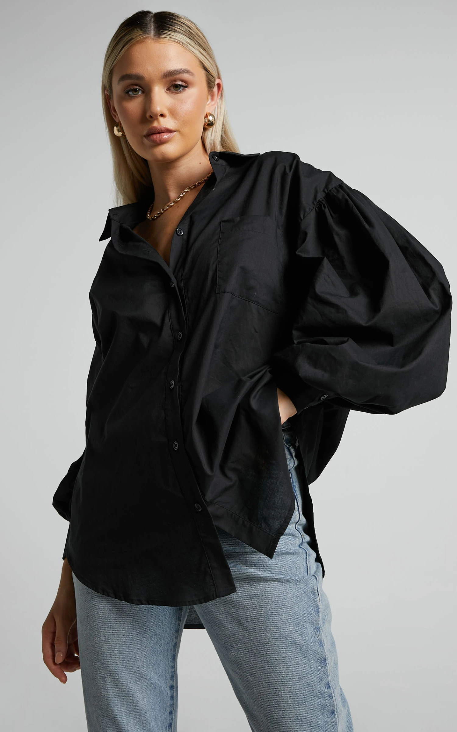 Showpo Delly Relaxed Balloon Sleeve Button Up Blouse In Black 2 Showpo Delly Relaxed Balloon Sleeve Button Up Blouse In Black - Image 2