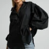 Showpo Delly Relaxed Balloon Sleeve Button Up Blouse In Black