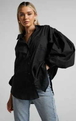 Showpo Delly Relaxed Balloon Sleeve Button Up Blouse In Black