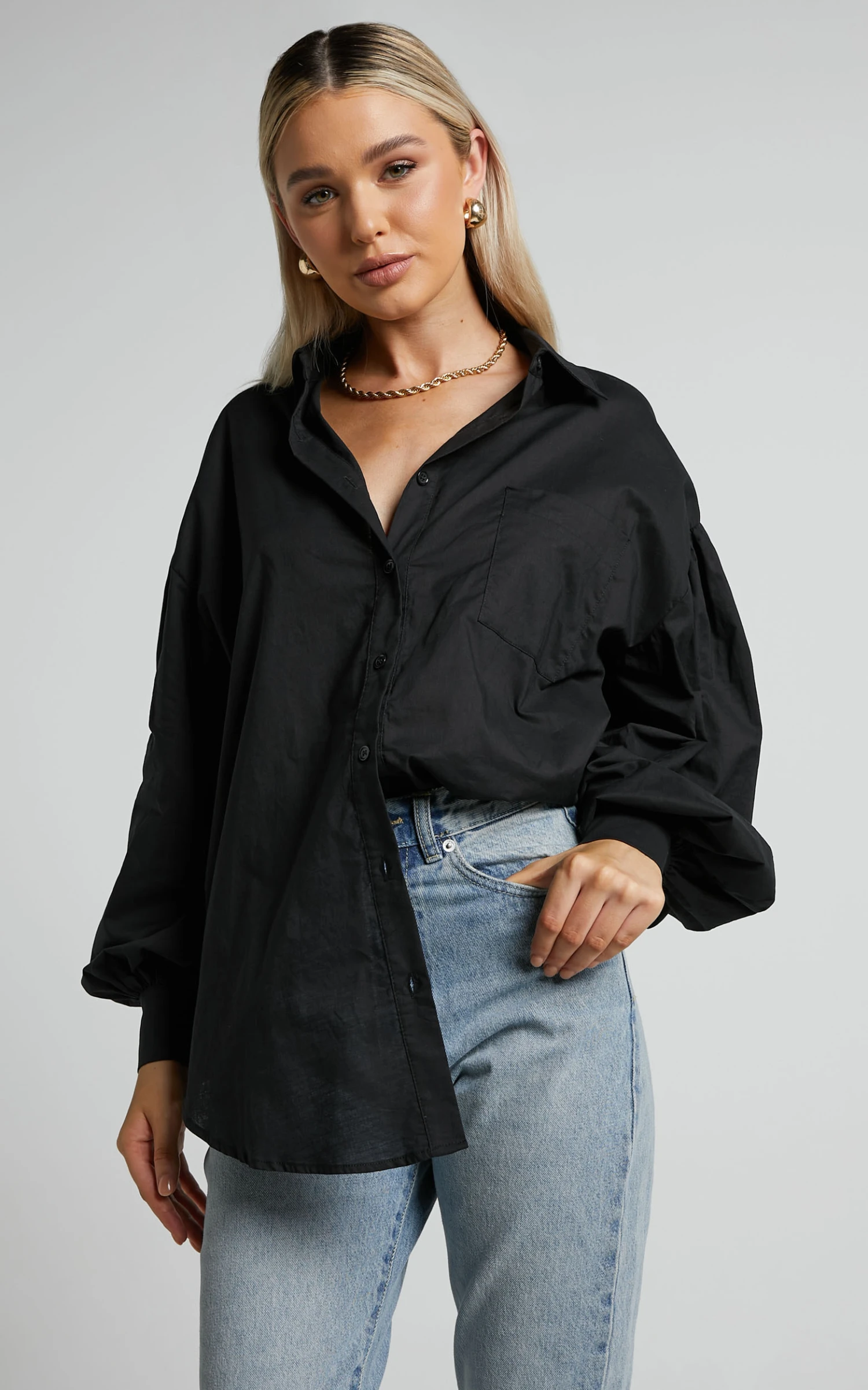 Showpo Delly Relaxed Balloon Sleeve Button Up Blouse In Black 5 Showpo Delly Relaxed Balloon Sleeve Button Up Blouse In Black - Image 5
