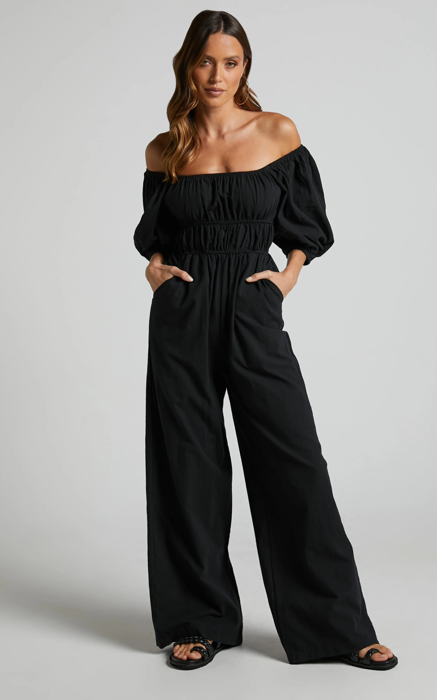 Showpo Delmore Off Shoulder Ruched Bodice Wide Leg Jumpsuit In Black 4 Showpo Delmore Off Shoulder Ruched Bodice Wide Leg Jumpsuit In Black - Image 4