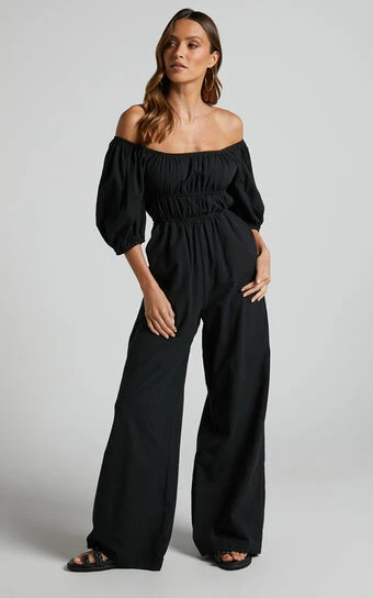 Showpo Delmore Off Shoulder Ruched Bodice Wide Leg Jumpsuit In Black 1 Showpo Delmore Off Shoulder Ruched Bodice Wide Leg Jumpsuit In Black