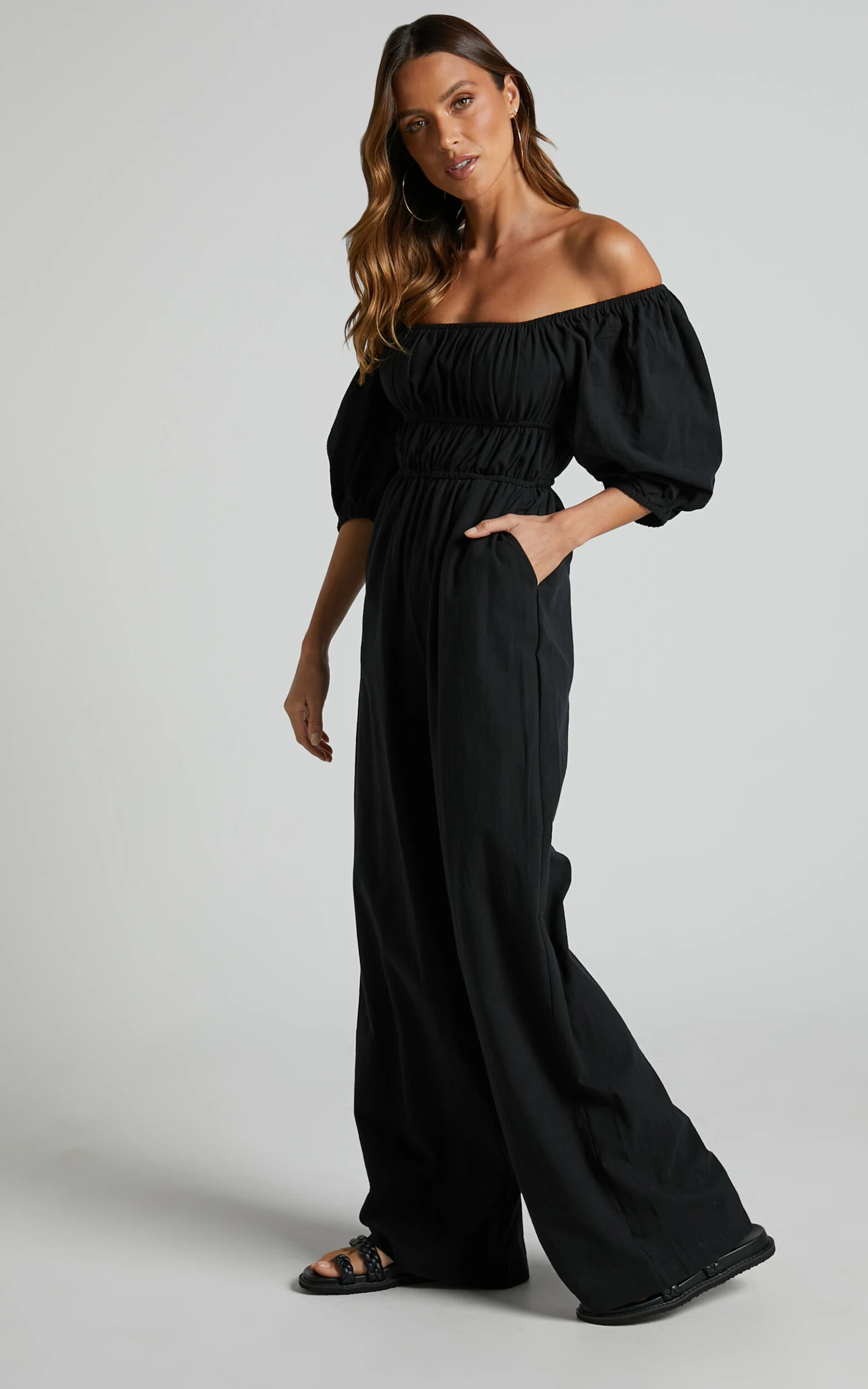 Showpo Delmore Off Shoulder Ruched Bodice Wide Leg Jumpsuit In Black 6 Showpo Delmore Off Shoulder Ruched Bodice Wide Leg Jumpsuit In Black - Image 6
